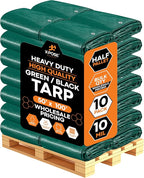 Heavy Duty Poly Tarp 50' x 100' - Bulk Half Pallet (10 Pack) Thick Waterproof, UV Blocking Protective Cover - Reversible Green & Black - 10 Mil Thick Polyethylene - by Xpose Safety