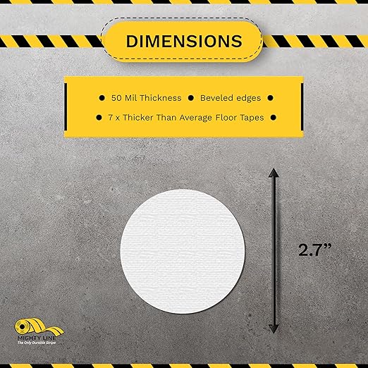 Mighty Line 2.7" Solid Dot Shaped Floor Marking Tape for Safety, Caution, Warning, Heavy-Duty, Peel and Stick, Adhesive Circle Spots, Industrial Quality, White, Pack of 100