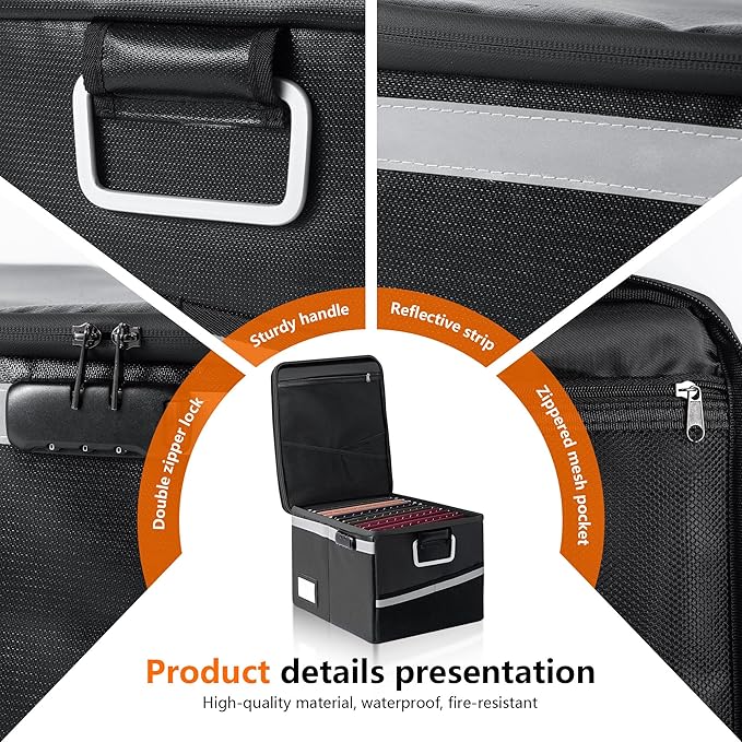 2000°F Fireproof & Waterproof Document Box with Lock, Collapsible Portable Organizer for Office Files, Safe Storage for Hanging Letter/Legal Folders (Black, 14.2x10.6x4.1in)