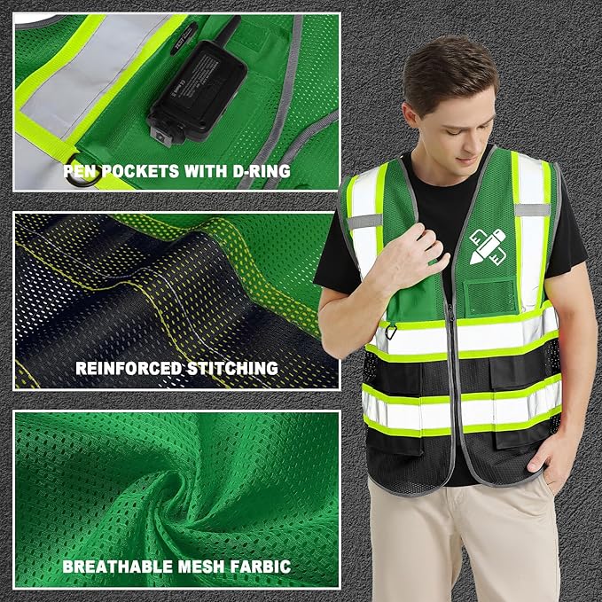 BeautyWill Custom Safety Vest Customized Logo Mesh Vest Class2 High Visibility Reflective Vest with Pockets Workwear（Green Black，XL ）
