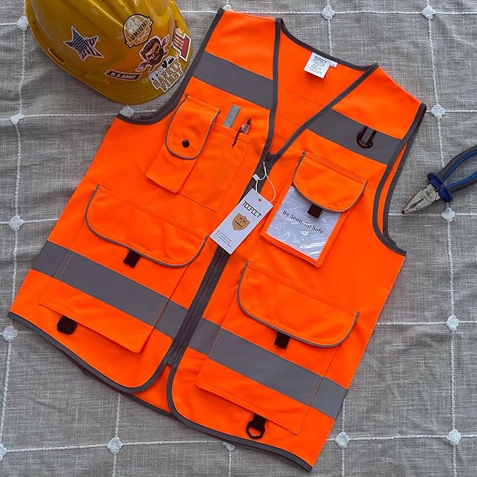 TCCFCCT Safety Vest 9 Pockets High Visibility Reflective Safety Vest for Men Women, Hi Vis Work Vest with Reinforced Sewing, Durable to Use, Meets ANSI/ISEA Standards, (Orange, 3X-Large)