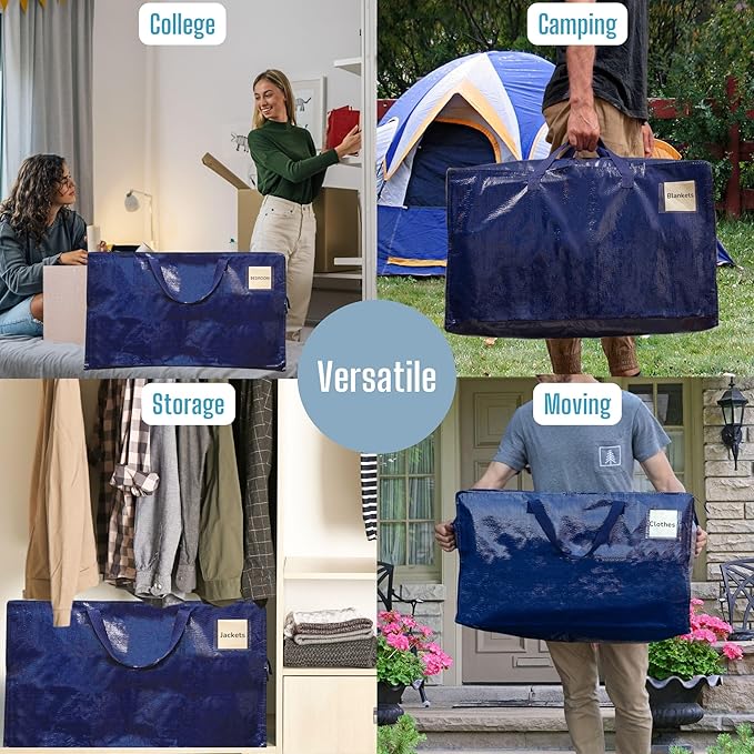 VENO 4 Pack Moving Bags and Large Christmas Decoration Storage Bins with lids. Alternative to Moving Boxes, Packing Supplies for College. Heavy Duty Totes (Blue, 4 Pack)