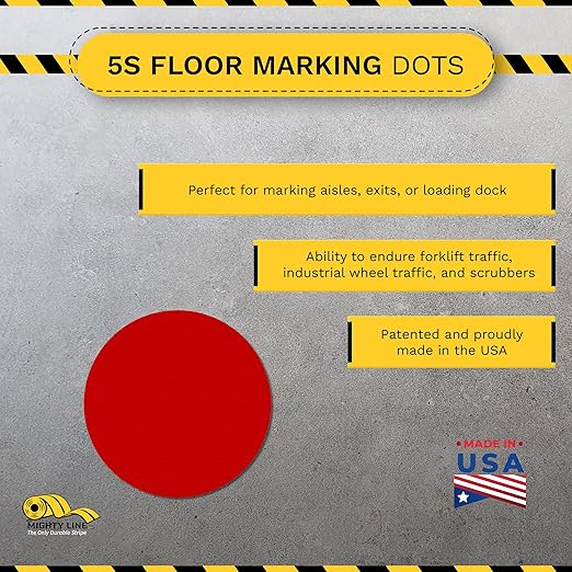 Mighty Line 3.75" Solid Dot Shaped Floor Marking Tape for Safety, Caution, Warning, Heavy-Duty, Peel and Stick, Adhesive Circle Spots, Industrial Quality, Red, Pack of 100