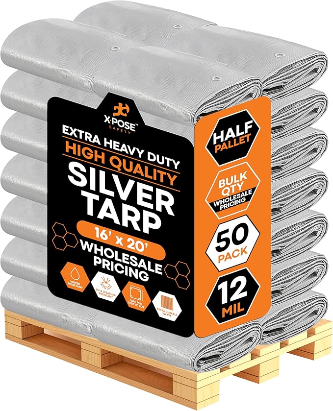 Heavy Duty Silver Poly Tarp 16' X 20' - Bulk Half Pallet (50 Pack) - Multipurpose Protective Cover - Durable, Weather Proof & Tear Resistant - 12 Mil Thick Polyethylene - by Xpose Safety