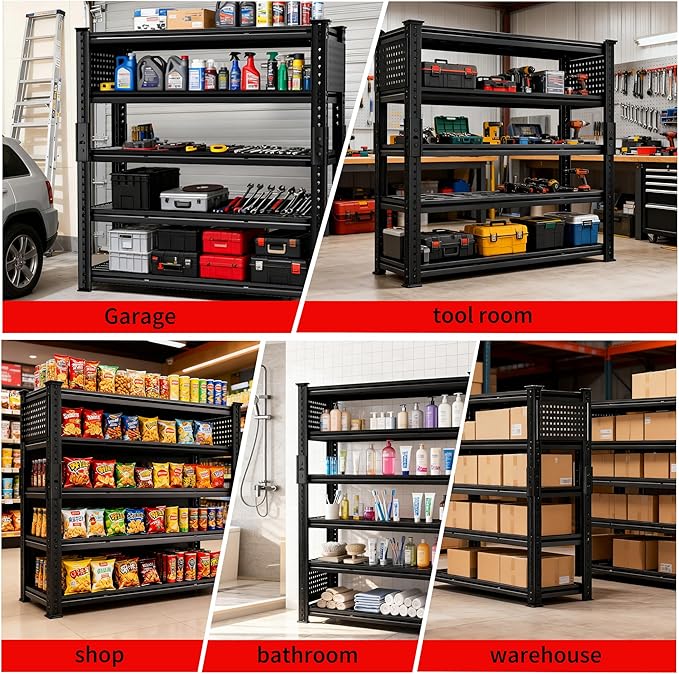 SILVEL 48.2" W Garage Shelving, 5000LBS Heavy Duty Metal Shelving, 2025 Grid Storage Shelves with 2 Side Pegboards, Industrial 5 Tier Shelves for Basement Pantry Warehouse Supermarket, 4 Pack