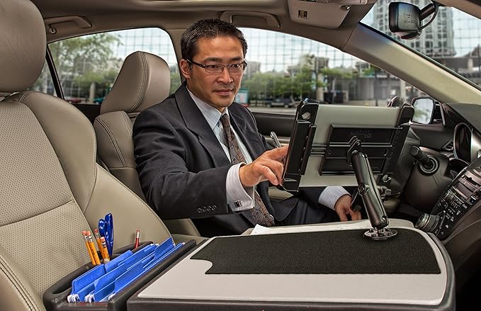AutoExec GripMaster Car Desk for Your Vehicle Workstation and Mobile Office, Grey with 400 watt Power Inverter and Tablet Mount