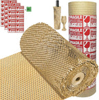 Bubble Wrap Substitute - Honeycomb Packing Paper 15''x400', Cushioning Wrap Moving, Shipping, Packing for Glassware, Plates, Cups with 36 Fragile Sticker Labels
