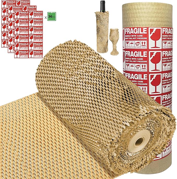 Bubble Wrap Substitute - Honeycomb Packing Paper 15''x360', Cushioning Wrap Moving, Shipping, Packing for Glassware, Plates, Cups with 36 Fragile Sticker Labels