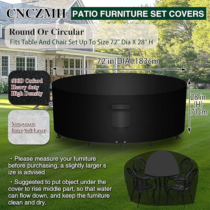 Heavy Duty Patio Furniture Covers Waterproof, 600D Round Outdoor Furniture Cover Waterproof for Sectional Sofa Couch, Outdoor Dining Table and Chair Set Covers 72"DIA x 28"H, Black