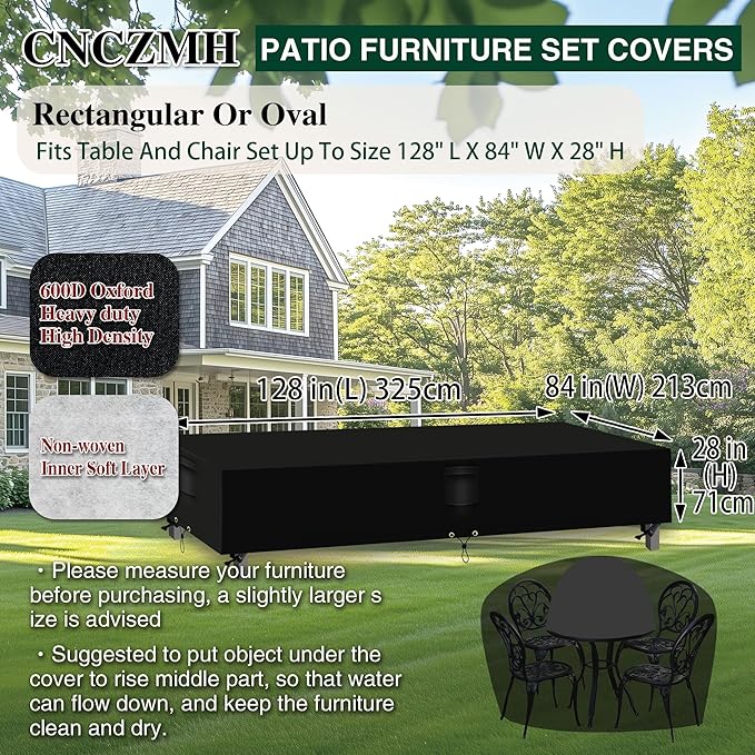 Heavy Duty Patio Furniture Covers Waterproof, 600D Outdoor Furniture Cover Waterproof for Sectional Sofa Couch, Outdoor Dining Table and Chair Set Covers 128''L x 84''W x 28''H, Black