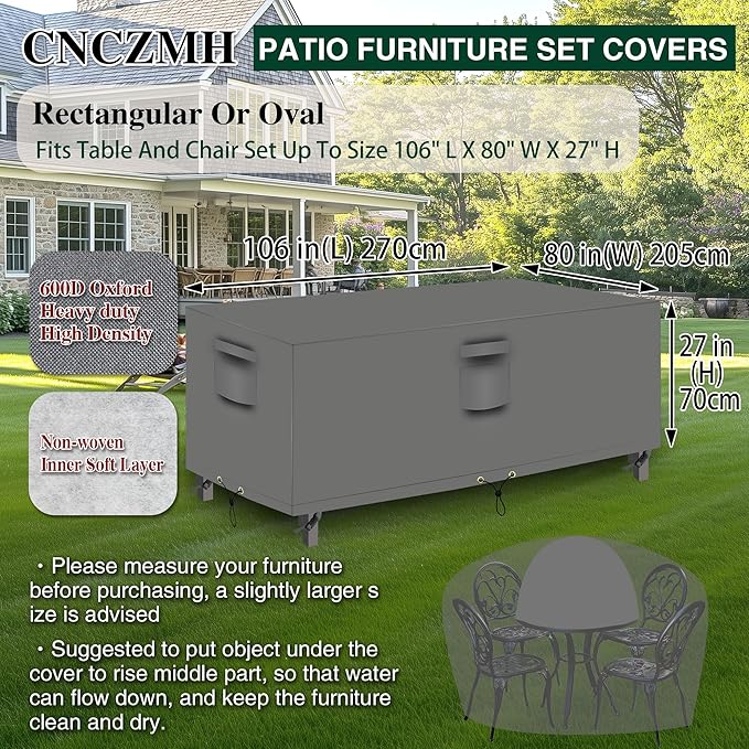 Heavy Duty Patio Furniture Covers Waterproof, 600D Outdoor Furniture Cover Waterproof for Sectional Sofa Couch, Outdoor Dining Table and Chair Set Covers 106''L x 80''W x 27''H, Grey