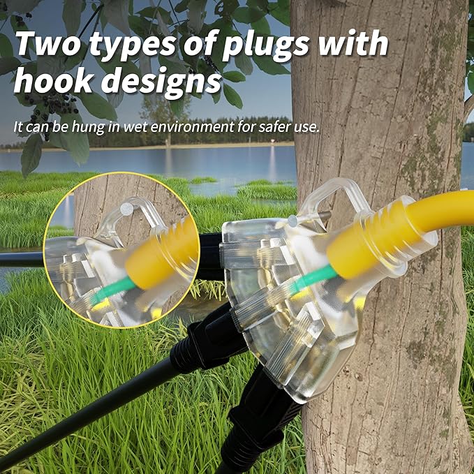 15 FT 12/3 Gauge Outdoor Extension Cord with Multiple Outlets Light Indicator, Flexible 3 Outlet Weatherproof Heavy Duty Extension Cord Waterproof Yellow, 15A 1875W 12AWG SJTW, ETL Listed.