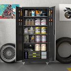 Garage Storage Cabinet with Wheels & Pegboard, Lockable Metal Storage Cabinet with Doors and 5 Adjustable Shelves for Garage Workshop Home, Assembly Required, Black, 71" H×34" W×18" D