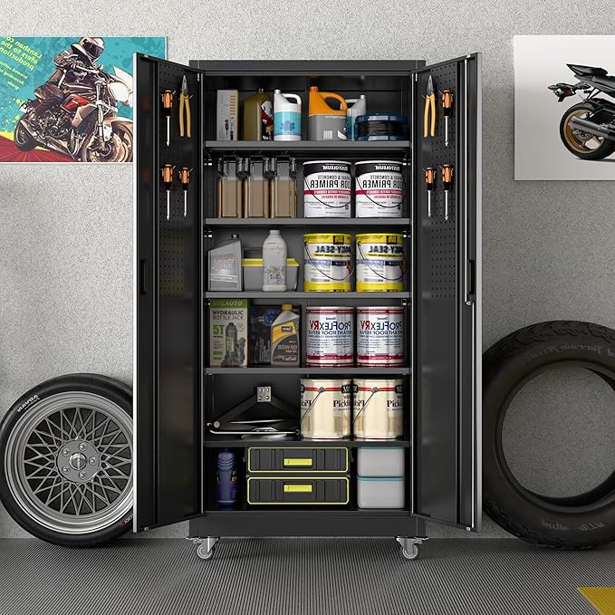 SUXXAN Metal Garage Storage Cabinet with Wheels and Pegboard 71'' x 34'' x 18'', Lockable Rolling Steel Cabinet with 5 Adjustable Shelves and Door for Garage, Office, Kitchen, Assembly Required(Black)