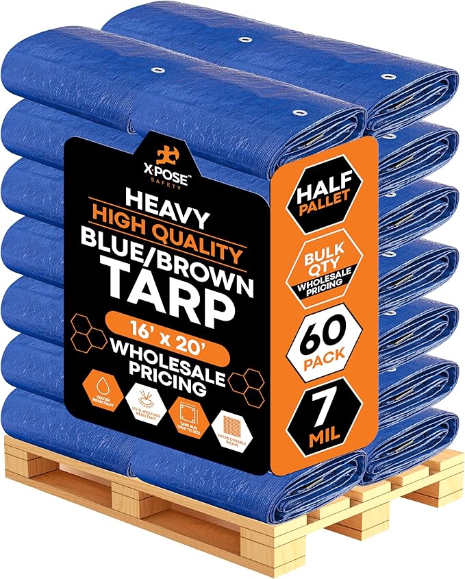 Heavy Blue & Brown Tarp 16' x 20'- Bulk Half Pallet (60 Pack) Weatherproof, Camping, Rain, Wind & Sun - 7 Mil Plastic Tarp Outdoor Cover for Roof, Trailer, RV, Car, Boat - by Xpose Safety