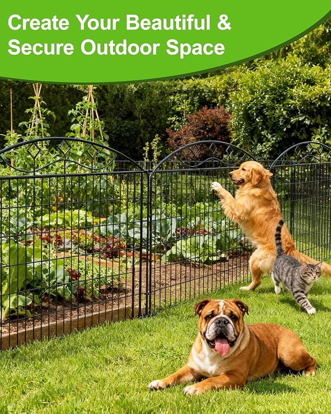 10 Panels Black Metal No Dig Garden Fence, 33in H x 24ft L Temporary Animal Barrier for Dogs & Rabbits, Reusable Outdoor Yard Fencing with Lock