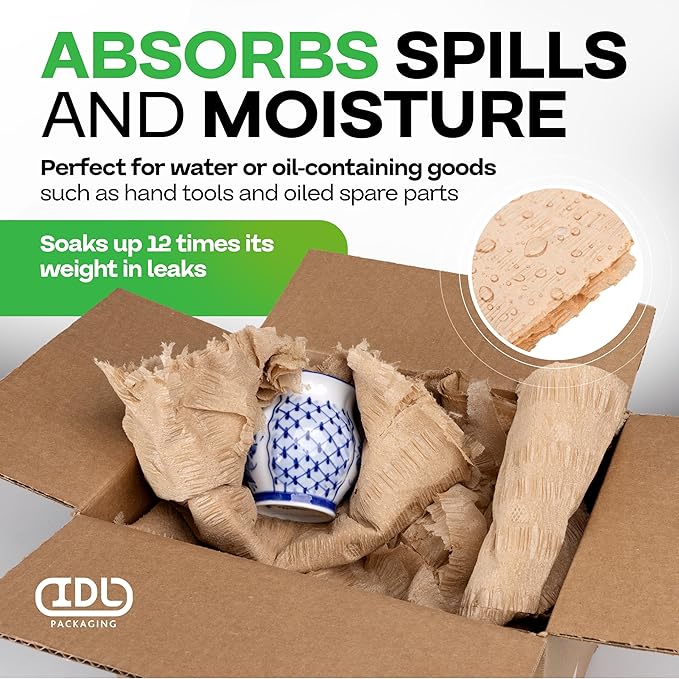 IDL Packaging 12" x 175' EcoMax™ Kraft Paper Cellulose Wadding in Self-Dispensed Box - Cushioning Wrapping and Box Void Filling - Gentle Packing for Shipping, Moving, and Storing Fragile Items