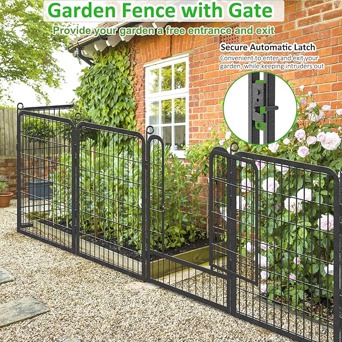 No Dig Decorative Garden Fence with Gate Rustproof Metal Fence Panels, 40in(H) x 27Ft(L) Garden Fencing for Yard 10 Panels Animal Barrier Fence for Dogs, Rabbit, Patio
