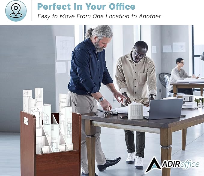 AdirOffice Adir Blue Print Storage Organizer - Mobile Roll File Cart, Construction Plan Holders, Blueprint Cabinet with Wheels, Roll Files Storage for Office and Home (20 Slots, Mahogany)