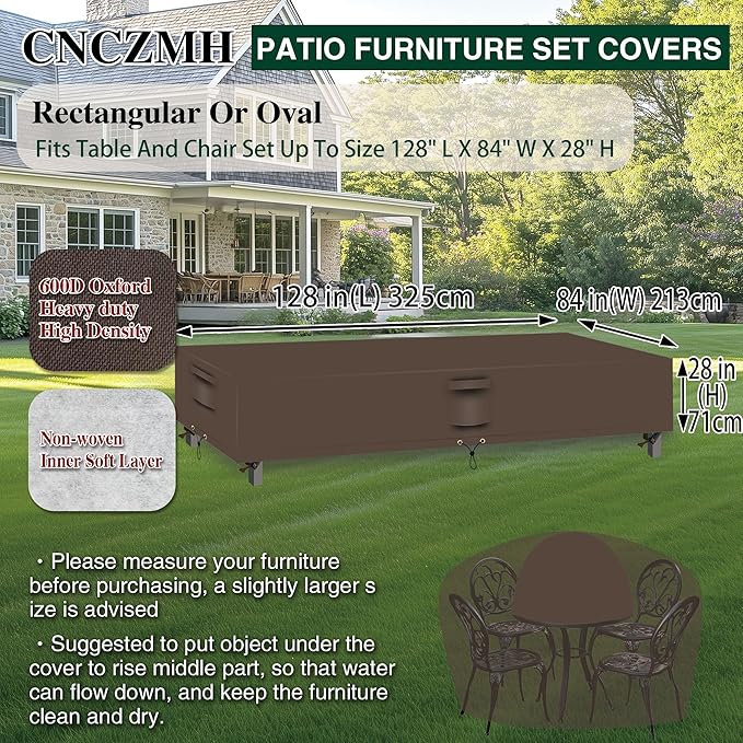 Heavy Duty Patio Furniture Covers Waterproof, 600D Outdoor Furniture Cover Waterproof for Sectional Sofa Couch, Outdoor Dining Table and Chair Set Covers 128''L x 84''W x 28''H, Brown