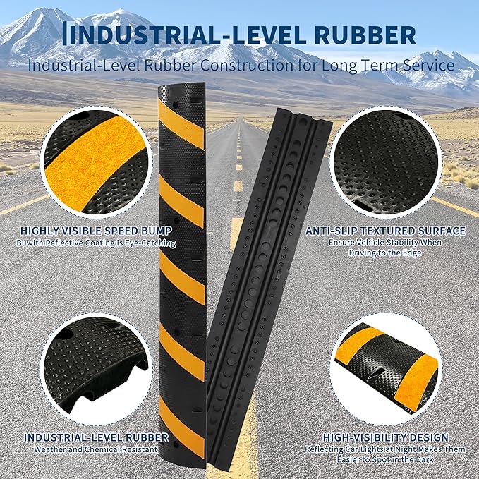 1 Pack 6FT Speed Bumps for Road, Heavy Duty 25,000 Lbs Capacity Traffic Rubber Speed Humps with 2 Channel Floor Cord Cover for Asphalt Concrete Gravel Driveway Road Cable Protector Ramp