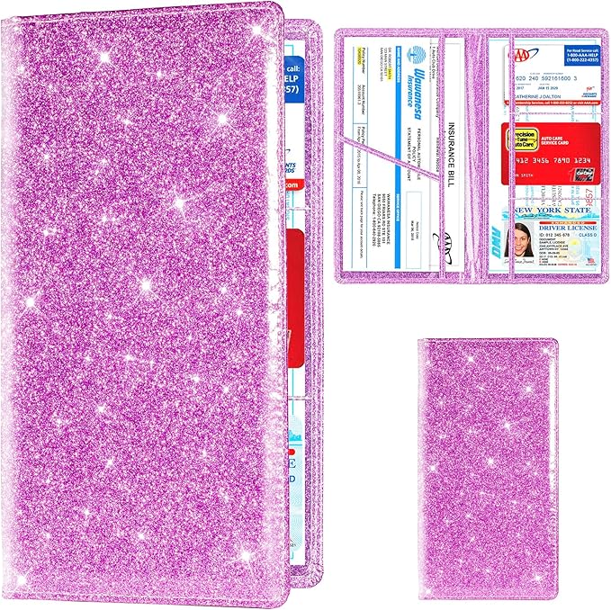 TOURSUIT Car Registration and Insurance Card Holder, Vehicle License Document Glove Box Compartment Organizer, Interior Car Accessories for Women Men Teens (Glitter Purple)