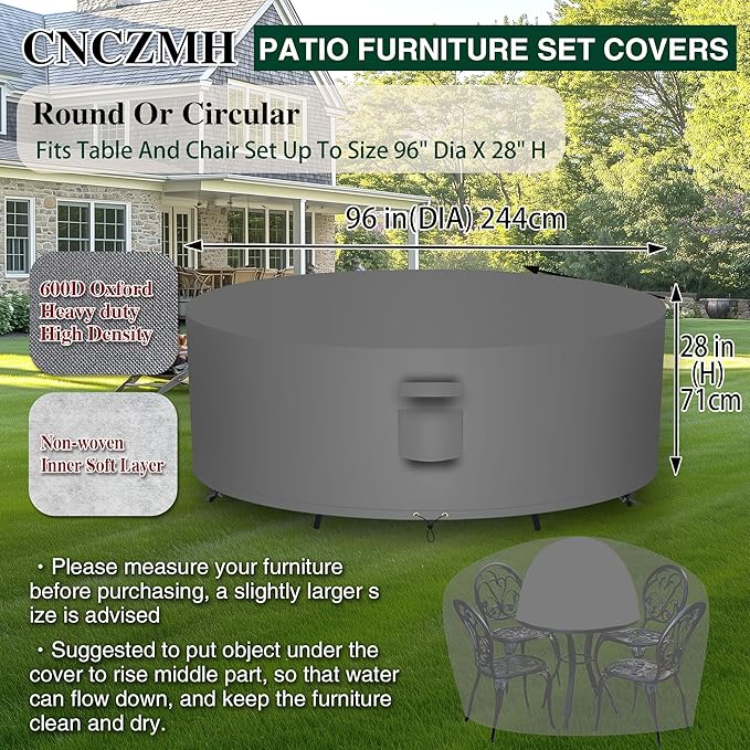Heavy Duty Patio Furniture Covers Waterproof, 600D Round Outdoor Furniture Cover Waterproof for Sectional Sofa Couch, Outdoor Dining Table and Chair Set Covers 96"DIA x 28"H, Grey