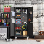 71" H Broom Closet Storage Cabinet with Wheels and Pegboard,Metal Garage Storage Cabinet with Lockable and Magnetic Doors,Adjustable Shelves for Garage Home Office,Required Assembly,Black