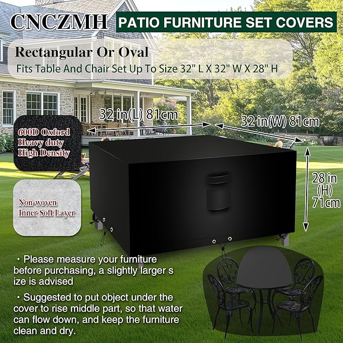Square Heavy Duty Patio Table Covers Waterproof, 600D Outdoor Dining Table and Chair Set Covers, Outdoor Furniture Cover Waterproof for Sectional Sofa Couch 32''L x 32''W x 28''H, Black