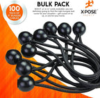 Xpose Safety Bungee Ball Cords 6" 100 Pack Heavy Duty Black Stretch Rope with Ball Ties for Canopies, Tarps, Walls, Cable Organization