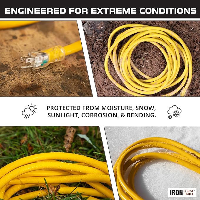 Iron Forge Cable 100ft Outdoor Extension Cord, Lighted with 3 Electrical Power Outlets - 12/3 Gauge SJTW Heavy Duty Extension Cable, Yellow, 15 AMP - 3 Pronged with Grounded Plug for Improved Safety