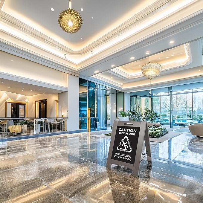 Premium Outdoor Composite Caution Wet Floor Sign – Bilingual w/Non-Skid Plastic Feet, Black Plate – For Hotels, Schools, Offices, Areas, Restrooms, Pool Decks - Grey (2 Pack)