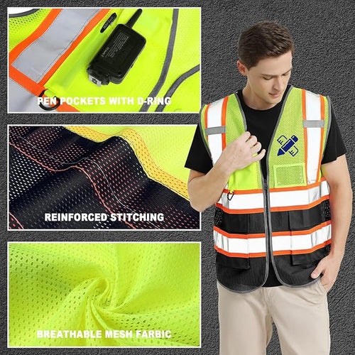 10 Pack Custom Safety Vest Customized Logo Mesh Vest Class 2 High Visibility Reflective Vest with Pockets Workwear（Yellow Black，L ）
