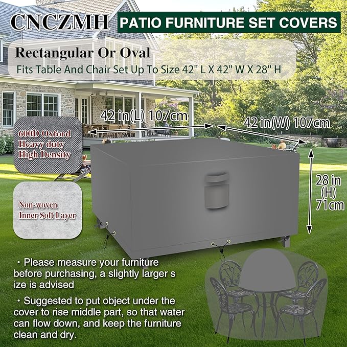 Square Heavy Duty Patio Table Covers Waterproof, 600D Outdoor Dining Table and Chair Set Covers, Outdoor Furniture Cover Waterproof for Sectional Sofa Couch 42''L x 42''W x 28''H, Grey