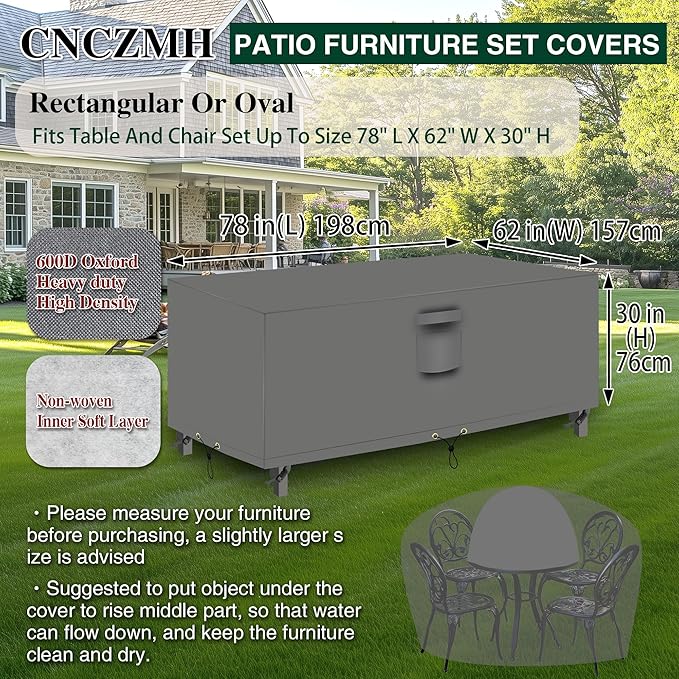 Heavy Duty Patio Furniture Covers Waterproof, 600D Outdoor Furniture Cover Waterproof for Sectional Sofa Couch, Outdoor Dining Table and Chair Set Covers 78''L x 62''W x 30''H, Grey