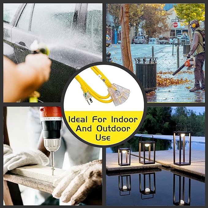 3-Outlets Indoor Outdoor Extension Cord Weatherproof with Lighted End, UL Listed, 10 Gauge 6FT Yellow 3 Prong Heavy Duty, 10/3 SJTW 15A Power Cord