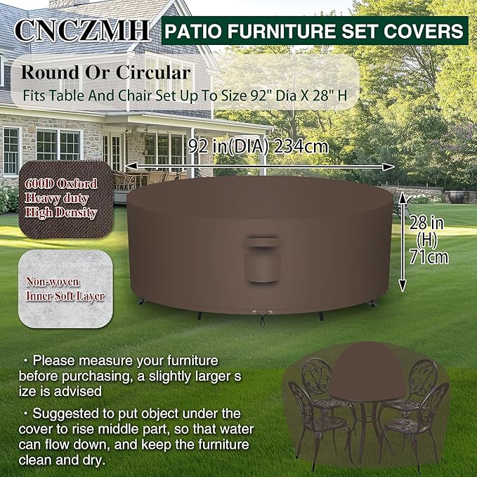 Heavy Duty Patio Furniture Covers Waterproof, 600D Round Outdoor Furniture Cover Waterproof for Sectional Sofa Couch, Outdoor Dining Table and Chair Set Covers 92"DIA x 28"H, Brown