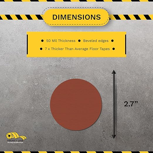 Mighty Line 2.7" Solid Dot Shaped Floor Marking Tape for Safety, Caution, Warning, Heavy-Duty, Peel and Stick, Adhesive Circle Spots, Industrial Quality, Brown, Pack of 100