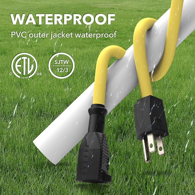 BN-LINK 10ft Outdoor Extension Cord, 12/3 SJTW Heavy Duty Power Cord, 3-Prong Grounded Plug, Weather Resistant, 15A, 1875W, Yellow, for Lawn, Garden, Appliances, ETL Listed