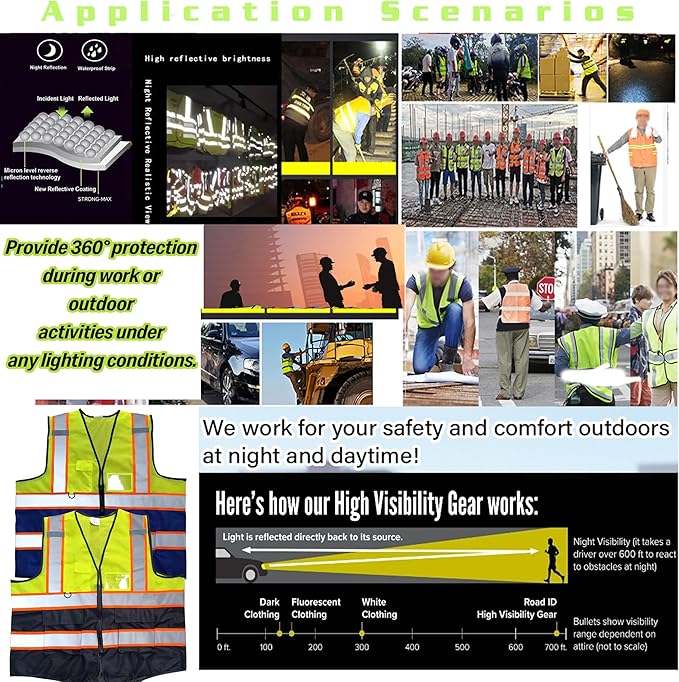 High Visibility Safety Reflective Vest with Pockets and Zipper Construction Hi Vis Work Vest(Yellow/Black S)