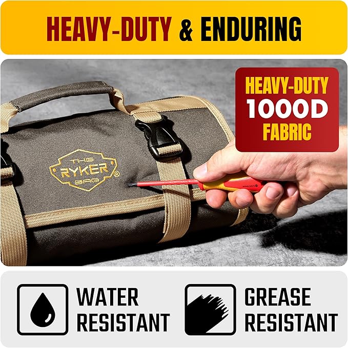 The Ryker Tool Roll Up Bag Heavy-Duty Canvas Tool Organizer w/Clear PVC Wrench Cover, Heavy Duty Roll Up Tool Bag w/Multiple Pockets for Wrenches, Sockets, and Tools for Mechanics Gifts for Him