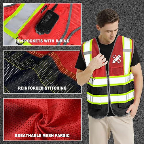 10 Pack Custom Safety Vest Customized Logo Mesh Vest Class 2 High Visibility Reflective Vest with Pockets Workwear（Red Black，M ）