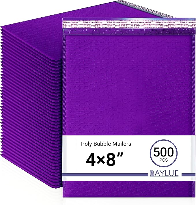 Purple Small Bubble Mailers 4x8 Inch #000 | Thick Padded Poly Mailer Envelopes | Mailing Trading card sports Card Bubble Envelopes | Water & Tear Resistant | 500 Pack Bulk