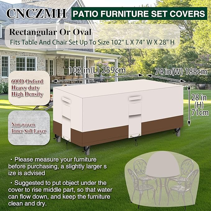 Heavy Duty Patio Furniture Covers Waterproof, 600D Outdoor Furniture Cover Waterproof for Sectional Sofa Couch, Outdoor Dining Table and Chair Set Covers 102''L x 74''W x 28''H, Beige Brown