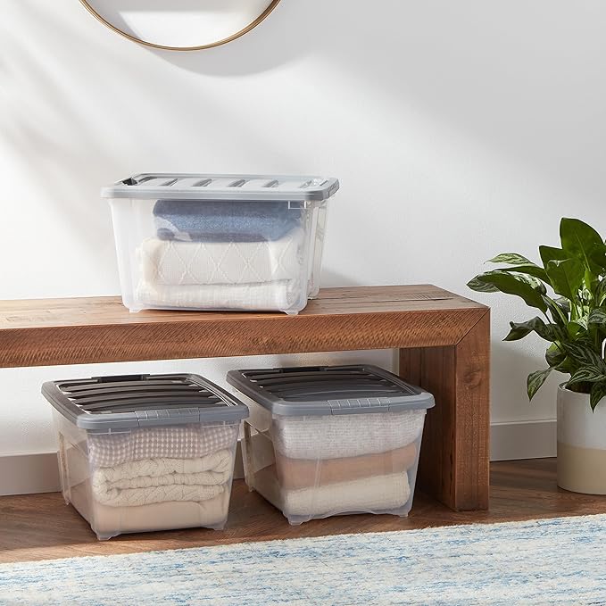 Amazon Basics Plastic Storage Containers with Secure Latching Lids, Stackable Organization Bins, 32 Quart, Set of 6, Clear/Grey