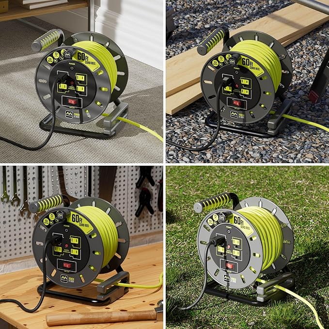 Masterplug 60ft Cord Reel, Retractable Extension Lead with Winding Handle, Safety Overload Circuit Breaker and Power Switch, 4X Grounded Outlets, 13amps, 14AWG Cable