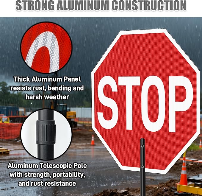 Stop Slow Sign with 66" Adjustable Handle, 18x18 Inch Double Sided Reflective Traffic Stop/Slow Paddle Sign with Telescopic Handle, Lightweight Construction Aluminum Traffic Signs for Road Safety