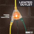 Iron Forge Cable 25ft Yellow Outdoor Extension Cord with 3 Outlets - 14/3 SJTW 15 Amp 25ft Extension Cord 3 Prong - Multiple Outlets with Lighted End