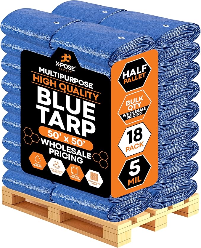 Better Blue Poly Tarp 50' x 50' - Bulk Half Pallet (18 Pack) Multipurpose Protective Cover - Lightweight, Durable, Waterproof, Weather Proof - 5 Mil Thick Polyethylene - by Xpose Safety
