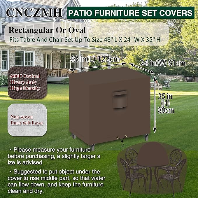 Heavy Duty Patio Furniture Covers Waterproof, 600D Outdoor Furniture Cover Waterproof for Sectional Sofa Couch, Outdoor Dining Table and Chair Set Covers 48''L x 24''W x 35''H, Brown